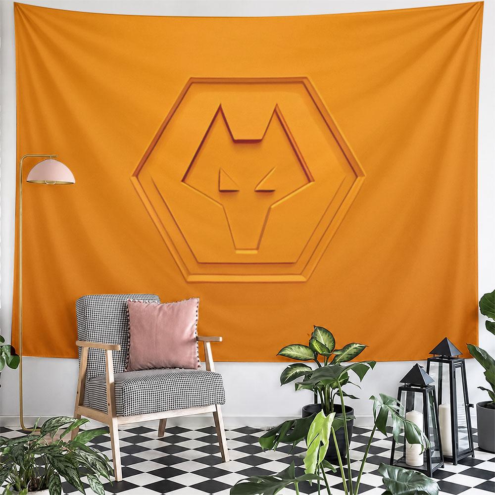 An embossed wolf head within a hexagon on an orange background. Patterned tapestry for bedroom and living room home decor
