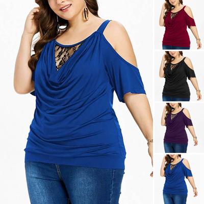 Women T-shirt Round Neck Lace Short Sleeves Hollow Out Solid Color