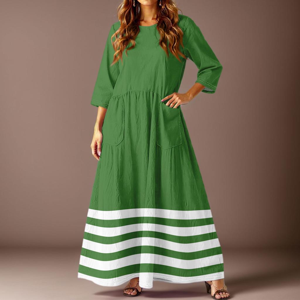 Women's Casual Fashion Striped Printed Three-quarter Sleeve Pocket Long Dress