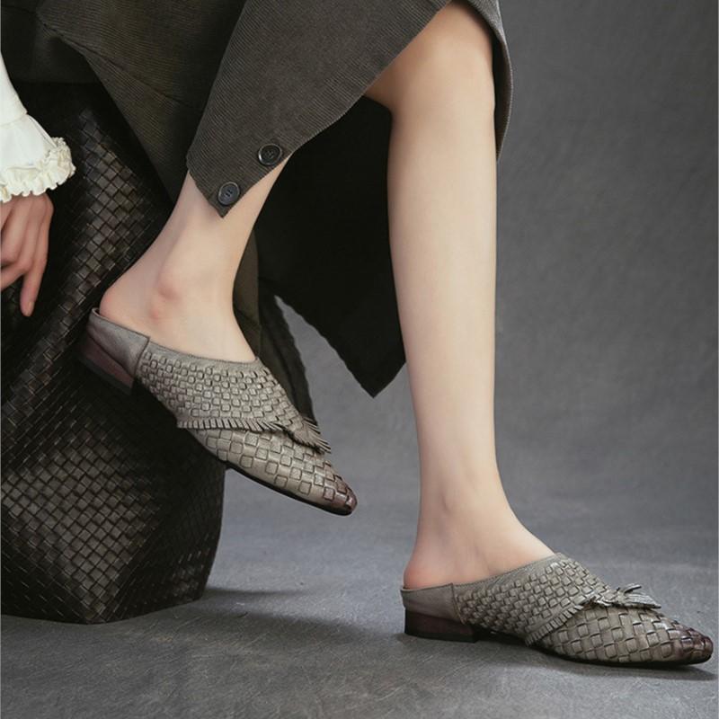 Johnature Low Heel Outdoor Slippers Fashion Pointed Toe Woven Genuine Leather Women's Slip-on Shoes
