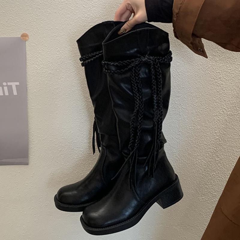 

Fashion Eilyken 2025 New Winter Designer Tassel Woman Knee High Boots Fashion Round Toe Lace Up Square Heels Long Booties Shoes 35 чёрный
