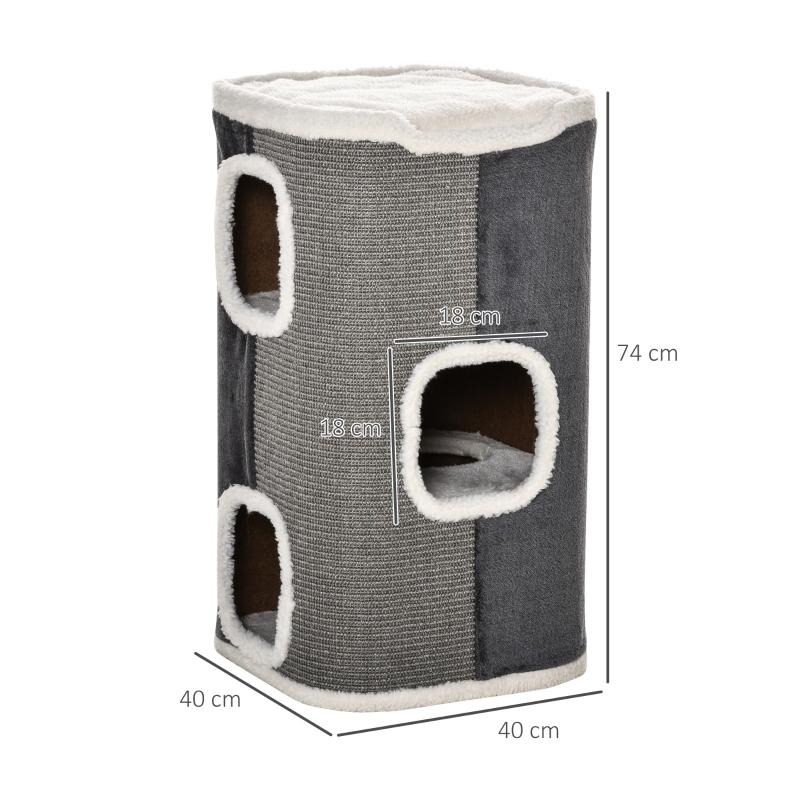 Cat tree scratching barrel with 3 levels, chipboard, velvety polyester, sisal, grey+white, 40x40x74cm