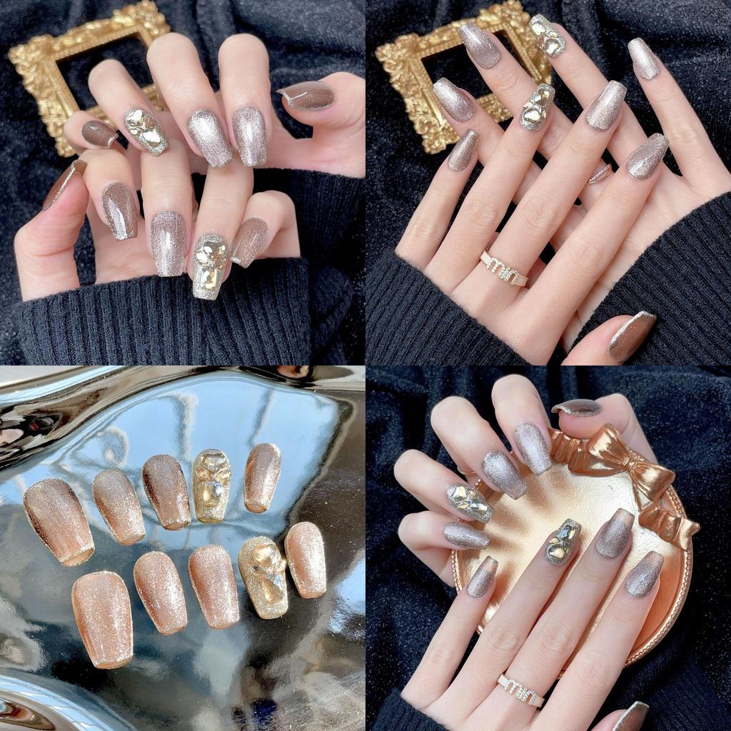 New Autumn And Winter Handmade Nail Stickers Pure Color Cat Eye French Style Flashing Rhinestone False Nails