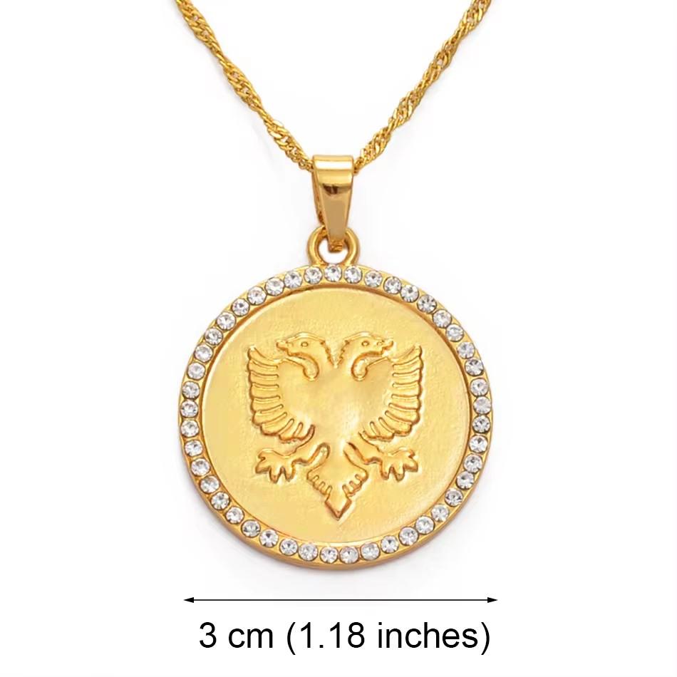 Anniyo 3cm Round Albania Eagle Pendant Necklace Gold Color Charms Metal Jewelry Traditional Albanian Ornaments #231706 60cm OR 23.6 Inches
