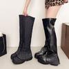 Fashion 2025 Women Fashion Boots Square Heels Shoes Woman High Heel Platform Leather Boots Lace Up Women Sequin Decoration Shoes Boots