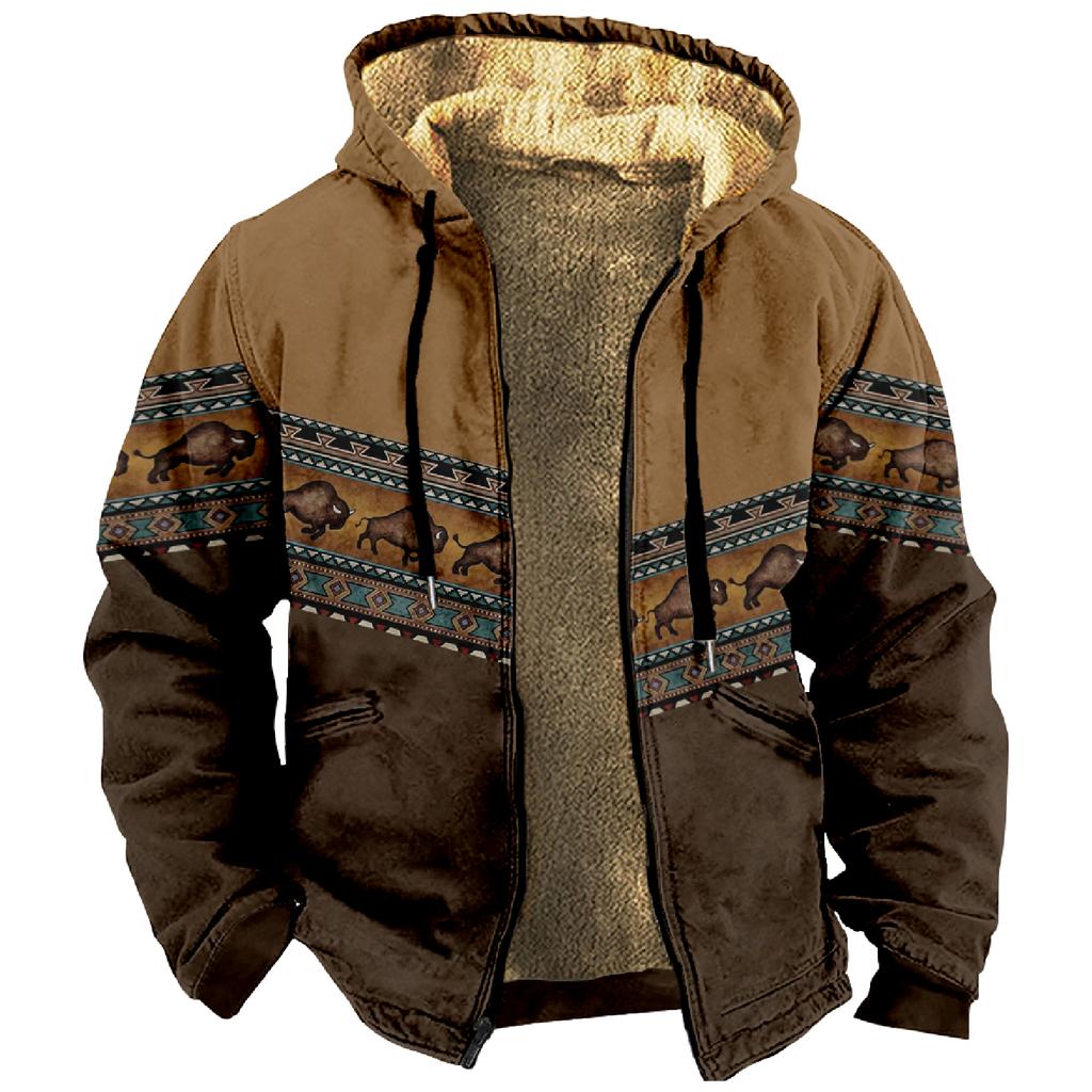 Men's Winter Print Jacket Men's Casual Trend Zipper Hooded Jacket