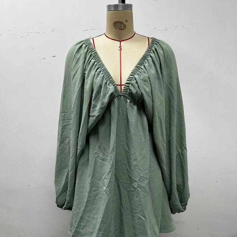 

European and American Unique and Elegant New Arrival Simple Graceful Deep V-neck Sexy Long-Sleeved Bubble Sleeve Solid Color Wide Hem Dress Green XL