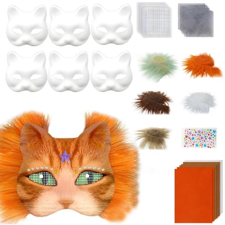 6Pieces White Cats Face Mask Unpainted Masquerades Mask for Halloween Includes Furry Trim Eye Mesh Felted Cloth Sticker