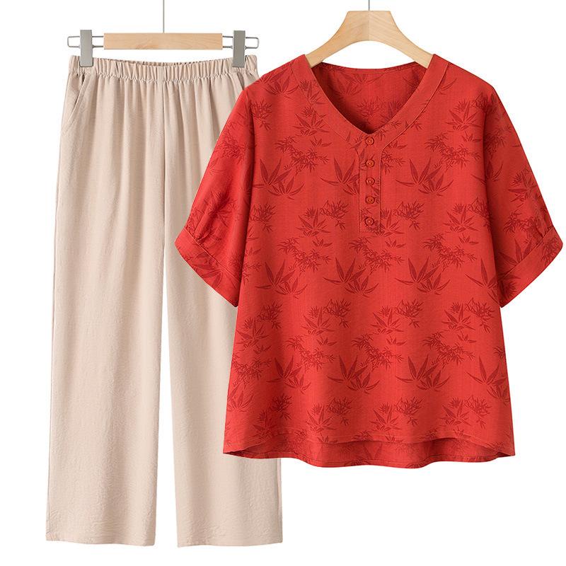 Women's Silk & Linen Embroidered Two-Piece Set: Short-Sleeve T-Shirt & Pants, Summer 2026 New Style for Middle-Aged Moms