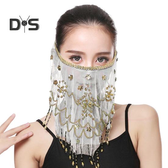 

Фата для выступлений Цветы Блестки Бисер Декор Кружево Танец живота Племенная вуаль для лица Регулируемый ремешок Индийский танцевальный вуаль Аксессуар для костюма на Хэллоуин белый