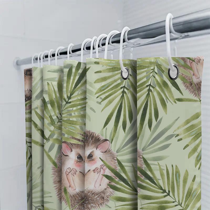 Eco-Friendly Waterproof Shower Curtain With Hedgehog Design For Bathroom Decoration 180X240Cm Green Leaves Print Decorative Bath