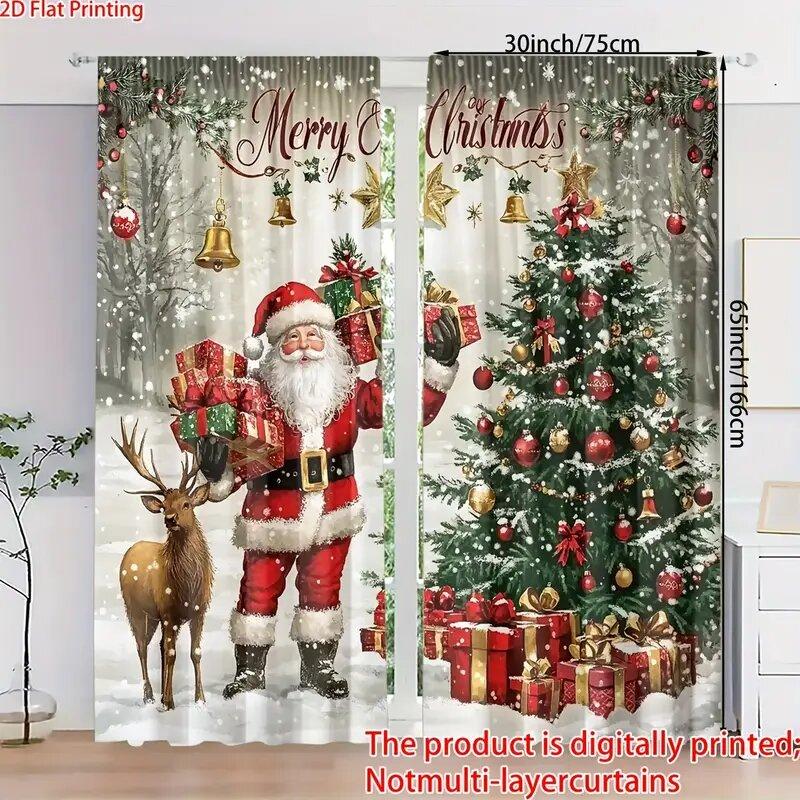 

Retro Santa Claus Printed Pole Bag Curtains Bedroom Living Room Decoration Home Christmas Curtain Made Of Polyester Washable Area Ready W100*H70(CM)-Grommet top&1PCS