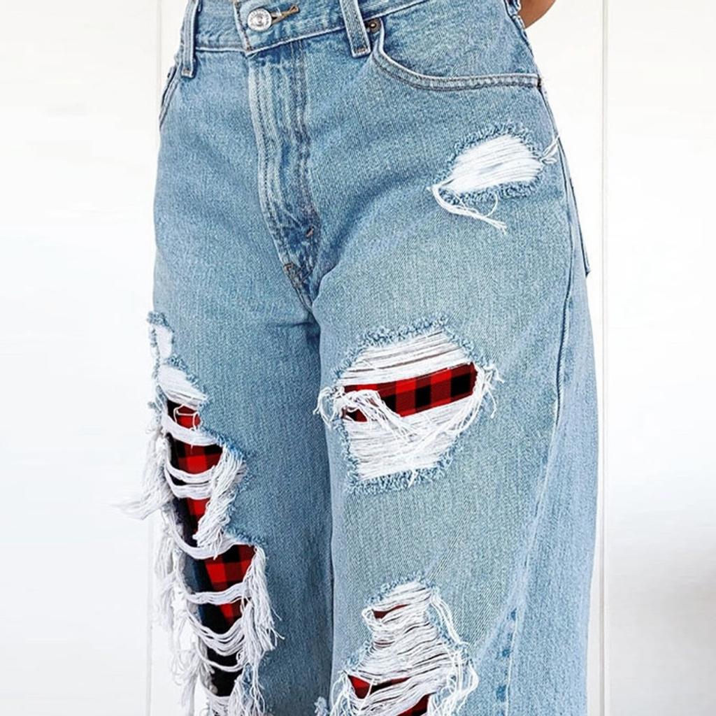 Women Jeans Snowman Print Ripped Jeans 
