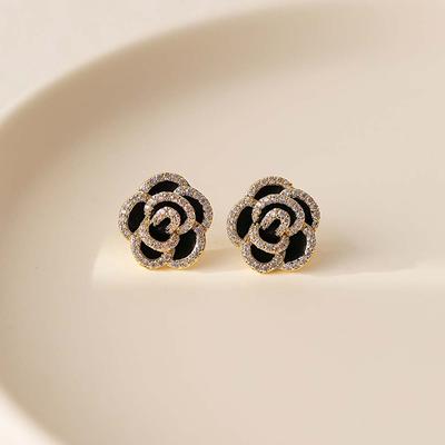 Retro Temperament Flower Black French Women Fashion Jewelry Camellia Earrings Stud Earrings Zinc Zinc Alloy