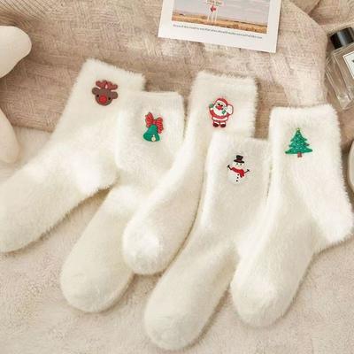 Mink Velvet Christmas Pattern Socks Winter Warm Sweat Absorption Fleece Warm Socks Soft White Xmas Tree Snowman Elk Socks