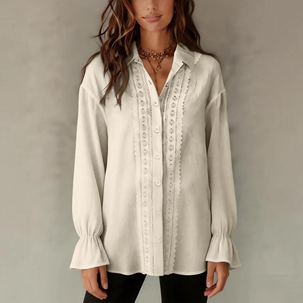 Blouse Mode Femme à Boutonnage Simple, Col, Panneaux en Dentelle, Manches Longues