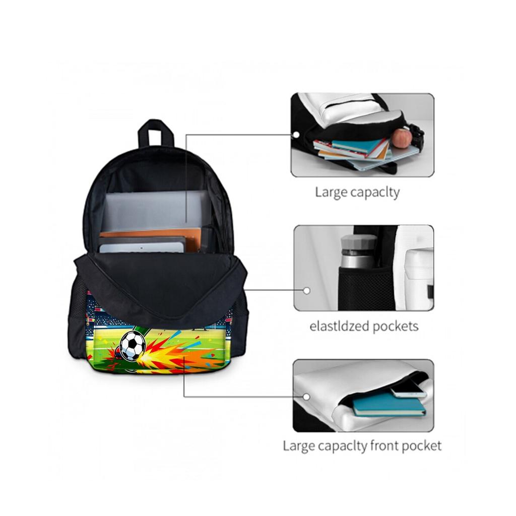 Football Print 3pcs Set 2D Flat Cartoon Design Waterproof School Backpack Lunch Pen Bags for Boys/Girls Best Gifts