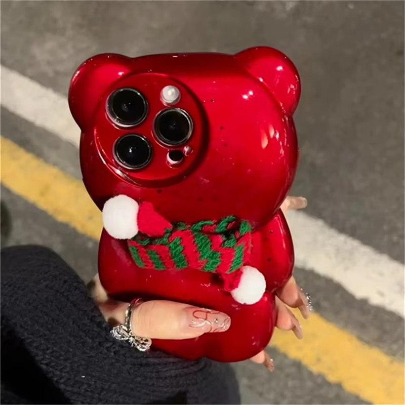 Cute Cartoon Christmas Scarf 3D Splashing Ink Bear Phone Case For iPhone 16 15 14 13 12 11 Pro Max Lovely Gift Back Cover Funda