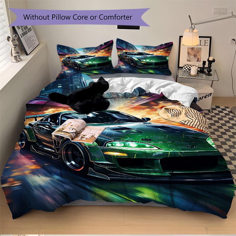 3pcs Green Sports Car Cover Set, 1 Cover + 2 Pillowcases (No Insert), Bedding for All Seasons, Bedding,Bedroom Decor Yy250922071