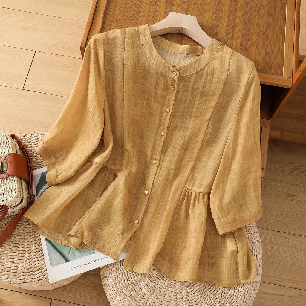 Plus Size Women Summer Loose Vintage O-neck Shirt Cotton Linen Casual Shirts Office Lady Tops