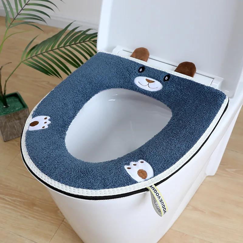 Winter Warm Toilet Seat Cover Cute Cartoon Toilet Seat Cushion Universal Waterproof Zipper Closestool Mat Bathroom Accessories