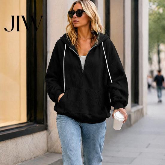 Comfortable Loungewear Top Womens Quarter Zip Hoodie, Oversized Loose Fit Long Sleeve Sweatshirt with Lightweight Breathable Jacket Drawstring Hood