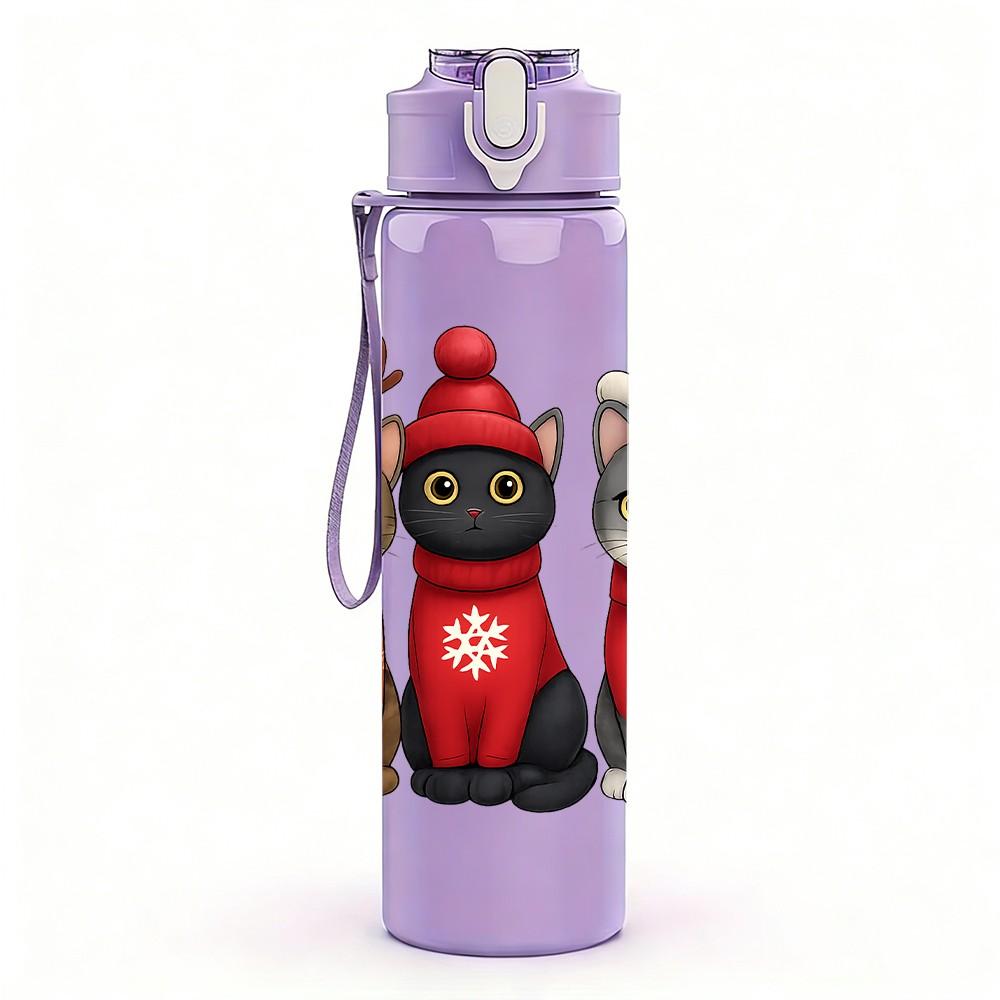 1PC Three Cat Winter Scarf Art 750ml Color Plastic Sports Water Bottle Leakproof Flip Straw Lid Suitable for Sports Office Home Use