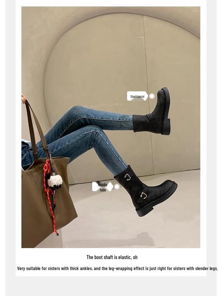 Women's Retro Motorcycle Buckle Boots - 2025 New Skinny Design, Round Toe, Thick Sole, Chunky Heel, Height Increasing, Mid-Calf, Autumn/Winter Style.