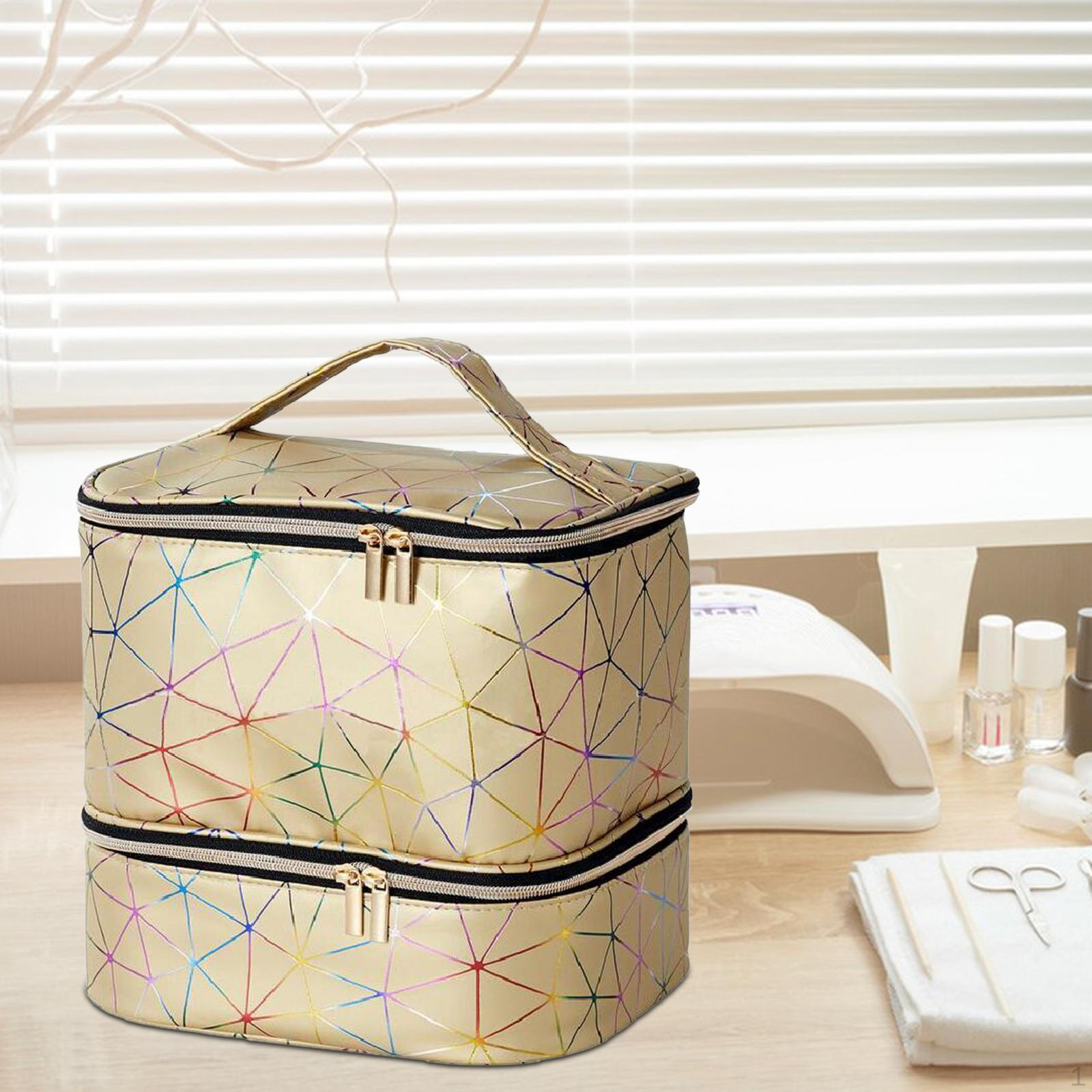 

Двухслойный чехол для переноски, сумка для хранения из ПУ, портативный органайзер для лака для ногтей, косметики, ногтей Golden