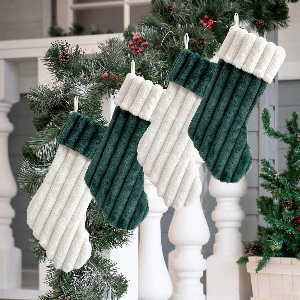 Plush Christmas Stocking Soft Faux Fur Vertical Channel Design Hanging Loop Holiday Decoration for Home Fireplace Mantel