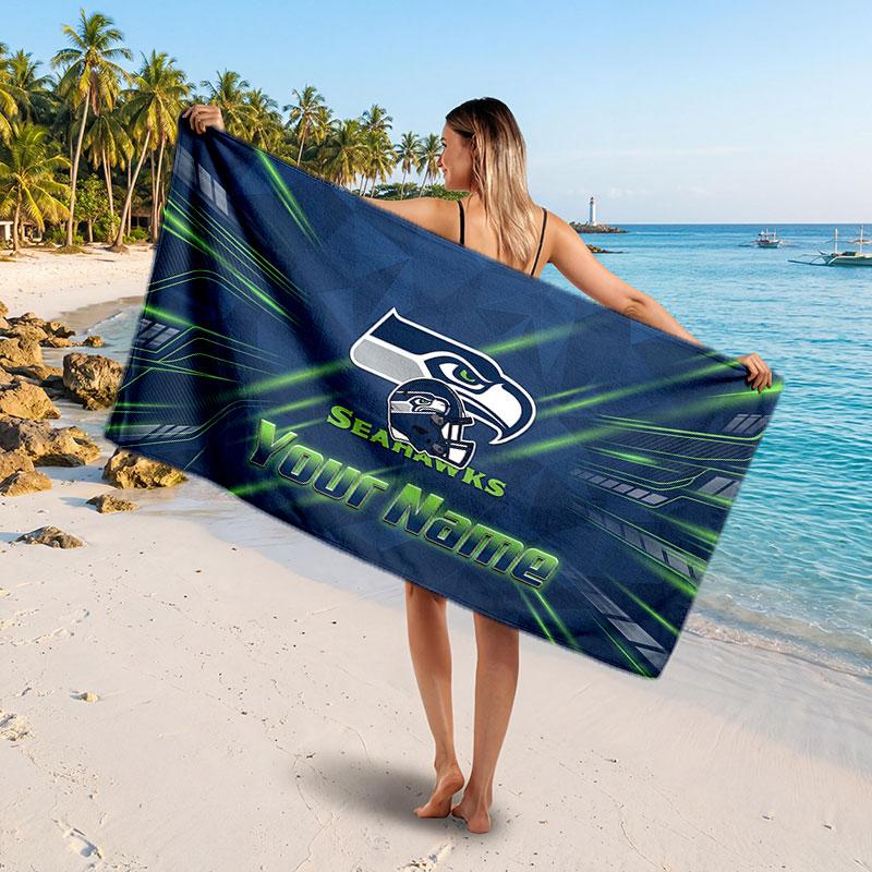 Seattle Seahawks Customized Name Text Beach Towel, Soft Absorbent Towel Beach Pool Travel Personal Gift