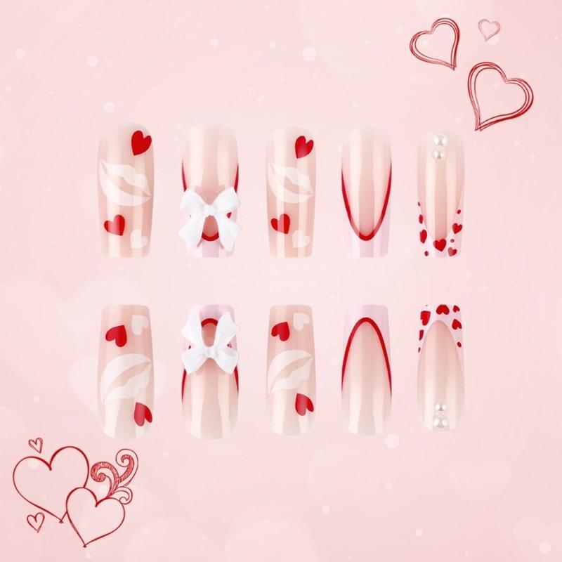 24Pcs Medium Square Stick on Nails with Elegant Bows Charms Press on Nails False Nail Manicure for Special Occasion
