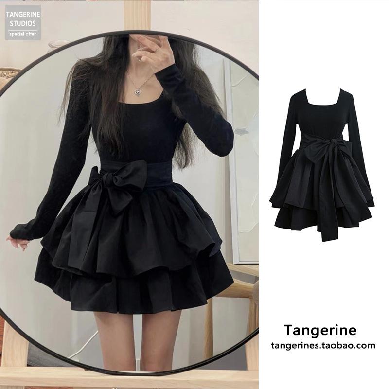 Black dress women s spring Lolita pure desire high sense retro waist square neck fluffy small black dress S