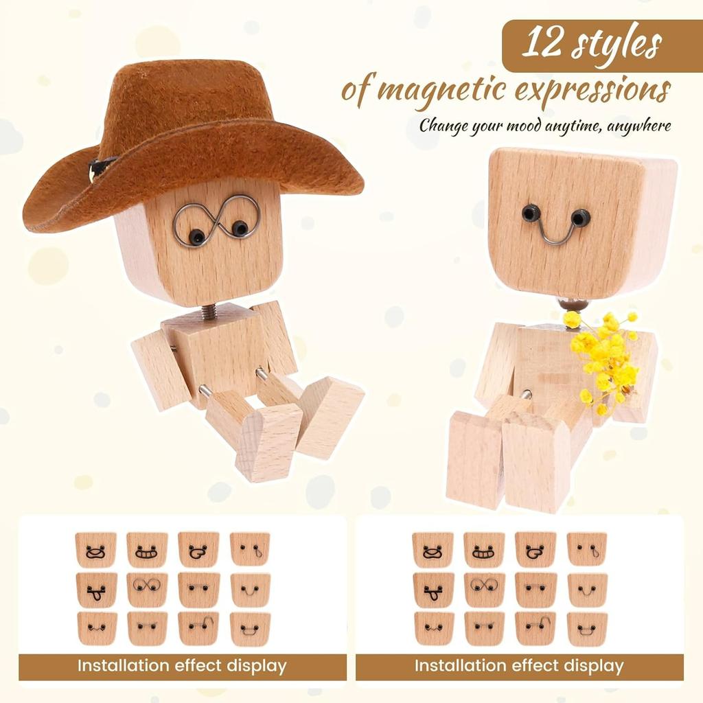 Shaking Wooden Man Figurine,Shaking Feet Wooden Doll with 24Pcs Expressions for Dashboard Decorations,Car Dashboard Figurines Charming Little Wood