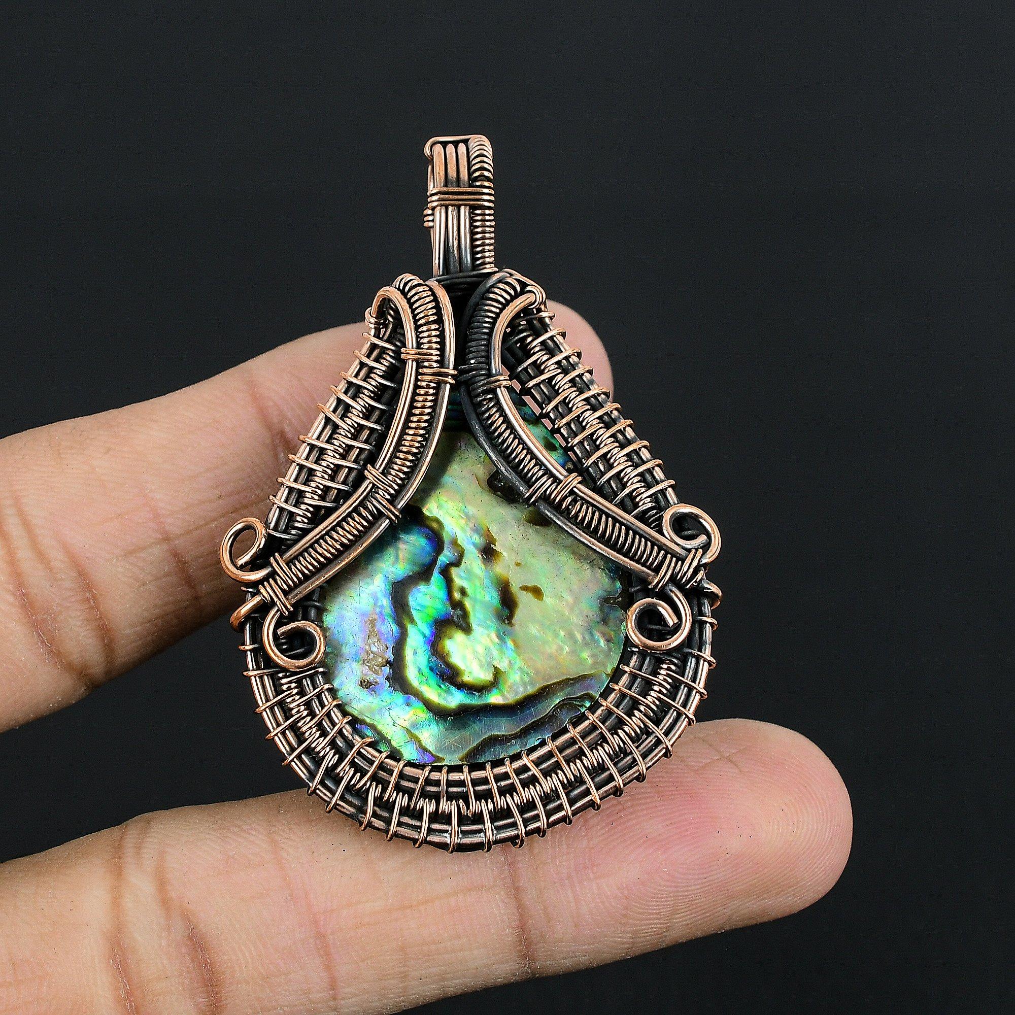

Abalone Shell Pendant, Handmade Gemstone Pendant, 999 Copper Wire Wrapped Pendant Antique Jewelry, For Engagement Gift 2.55 Inches