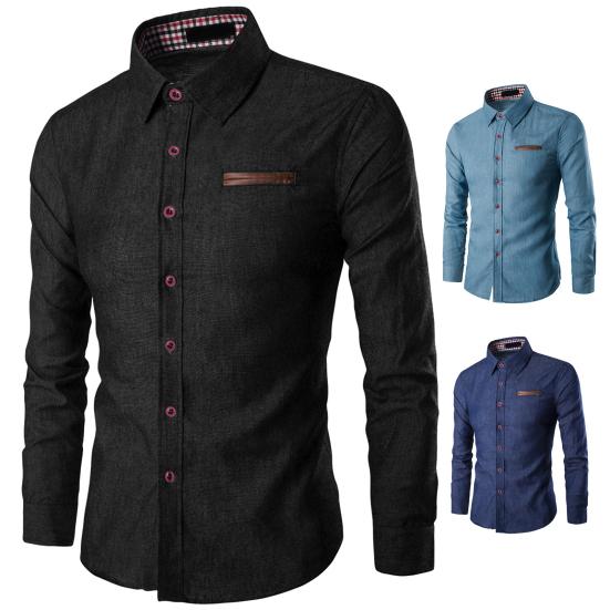 Men Spring Autumn Shirt Solid Color Long Sleeve Single-breasted Versatile Slim Fit Lapel Shirt Top Streetwear
