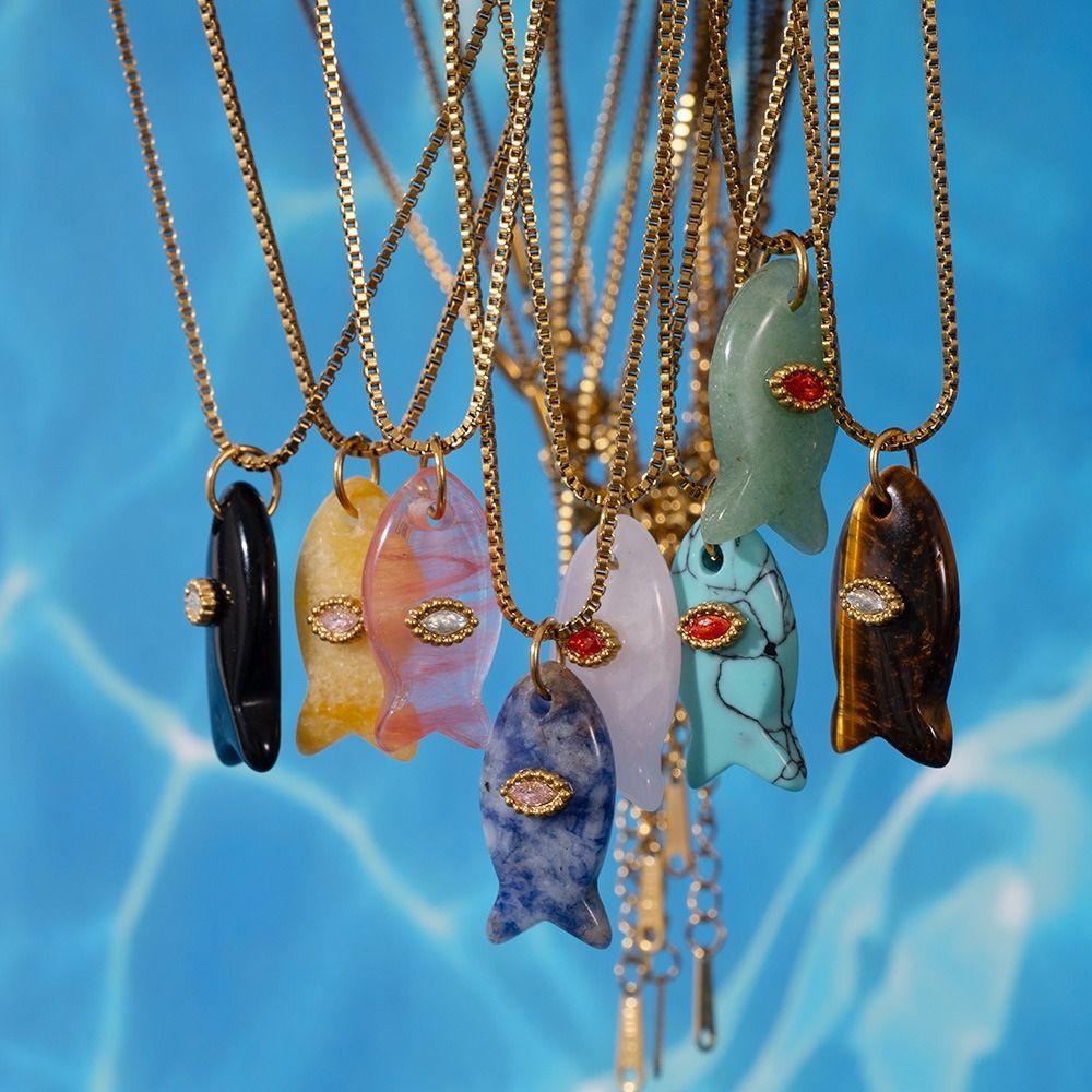 Colorful Fish Pendant Necklace Bohemia Childishness Chain Choker Mini Fish Necklace  Vacation