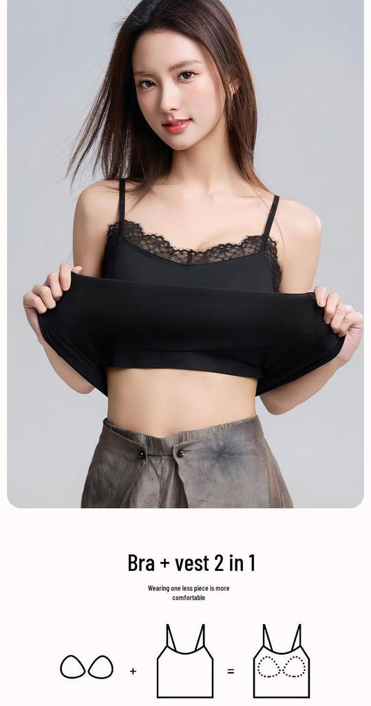 French Lace Camisole Tank Top with Chest Pads, No Bra Needed, Slimming Base Layer.