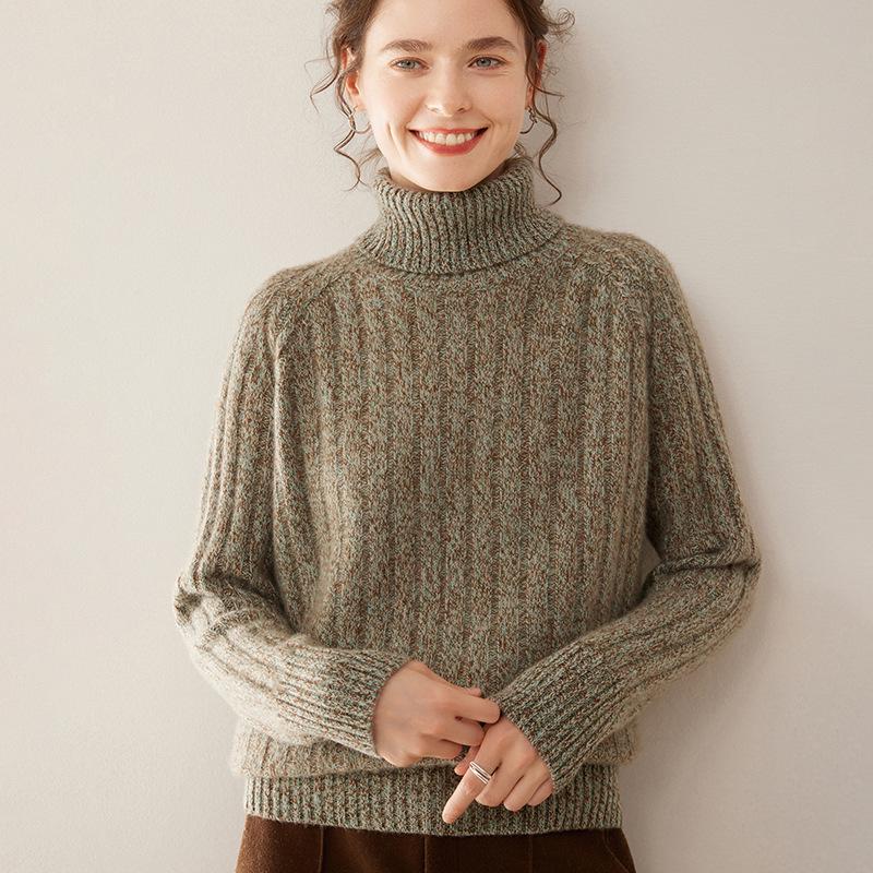 Women's Cashmere Knit Base Layer Top: Three-Strand, Long Sleeve, Loose Fit, Warm, High Neck, Soft, Versatile, Skin-Friendly Sweater