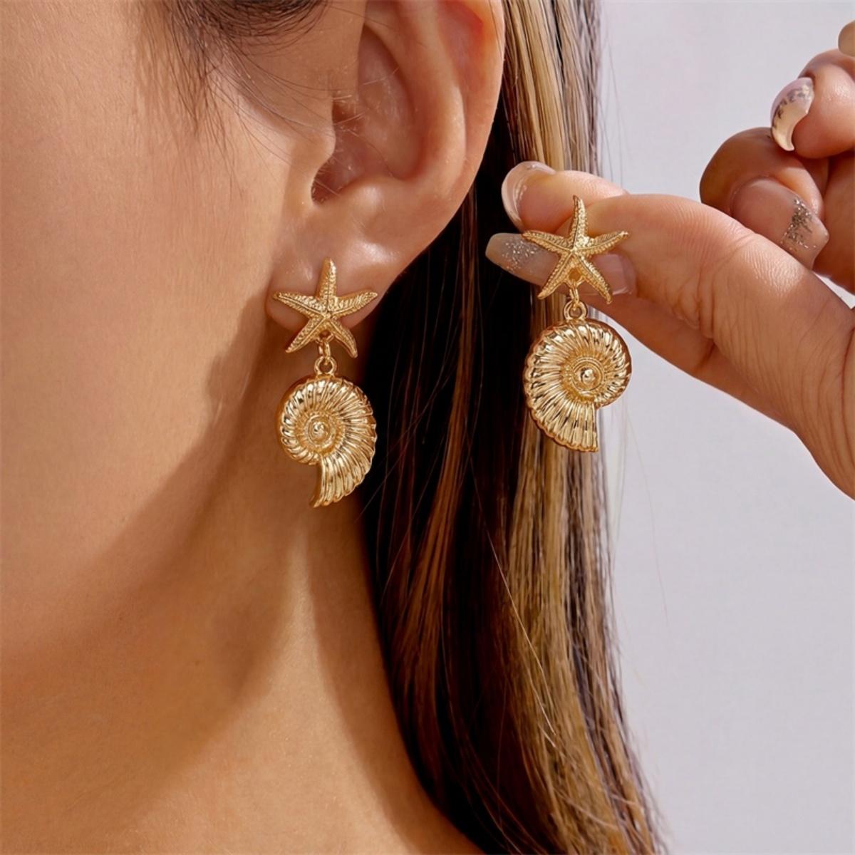 Summer Beach Metal Starfish Shell Asymmetric Drop Earrings For Women Men Bohemian Ocean Conch Dangle Earrings Vacation Jewelry