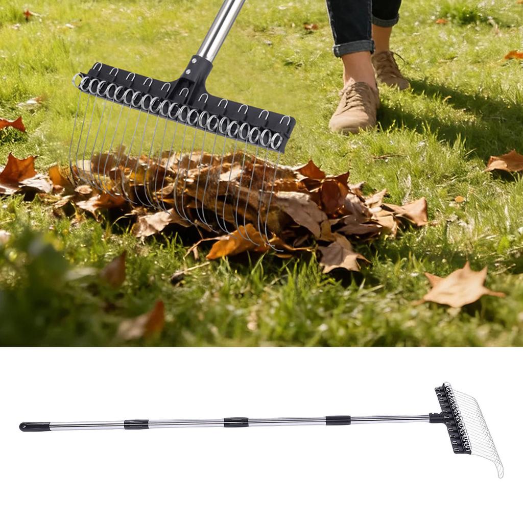 Laubrechen 22 Zinken 16,3 Zoll Breit Stahl Draht Gartenrechen mit 5,2FT Griff für Rasen Garten Mulch Rasenfilz
