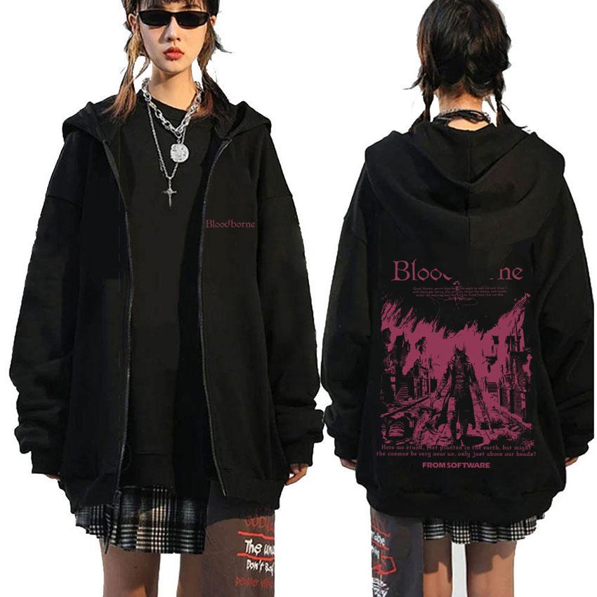 Game Bloodborne Fear The Old Blood Graphic Zipper Hoodie Horror Hunter Zip Up Jacket Men Women Vintage Oversized Zip Up Hoodies