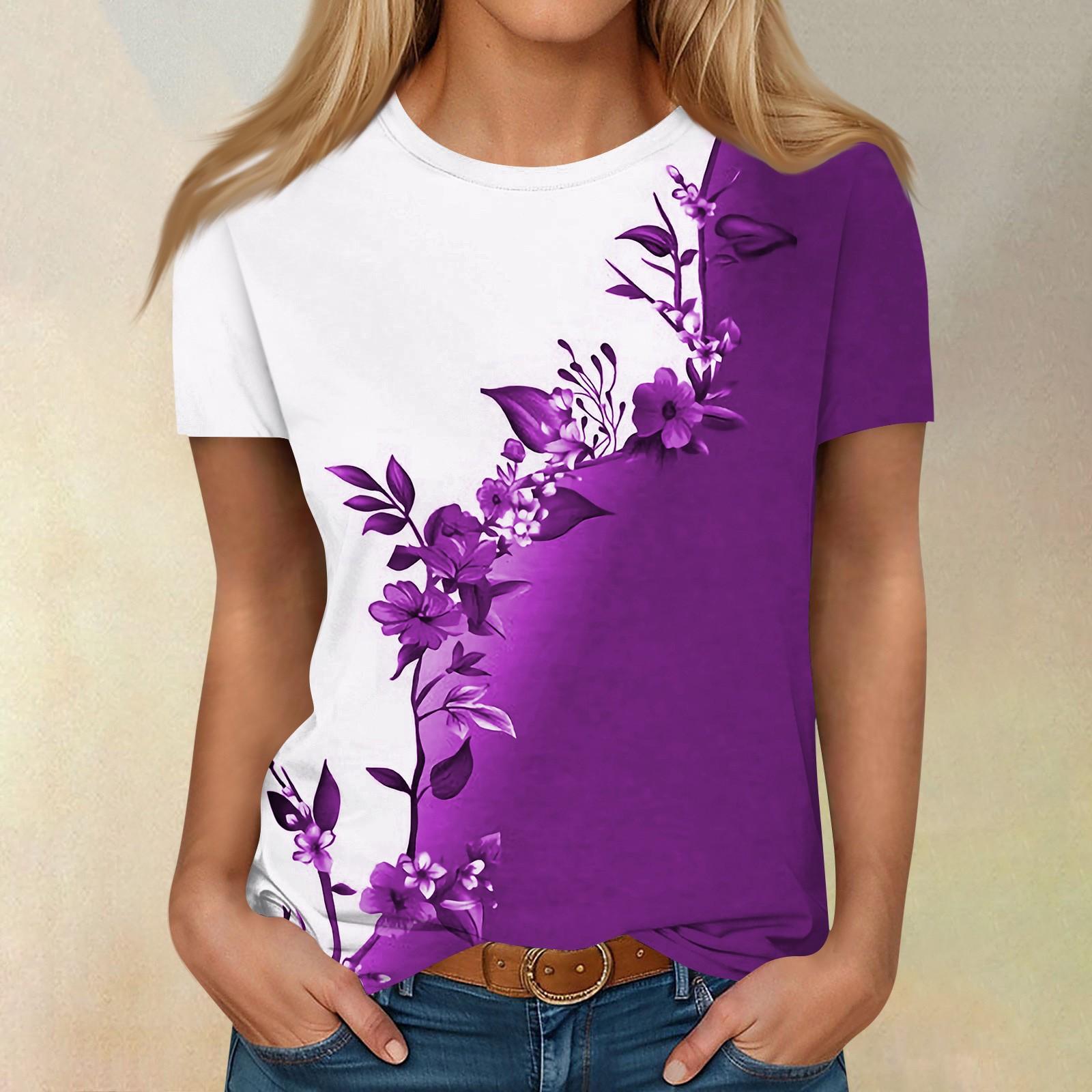 

Рубашки с коротким рукавом для женщин, милые топы, футболки с принтом в стиле ретро, ​​блузки, повседневные базовые топы больших размеров, пуловеры M фиолетовый