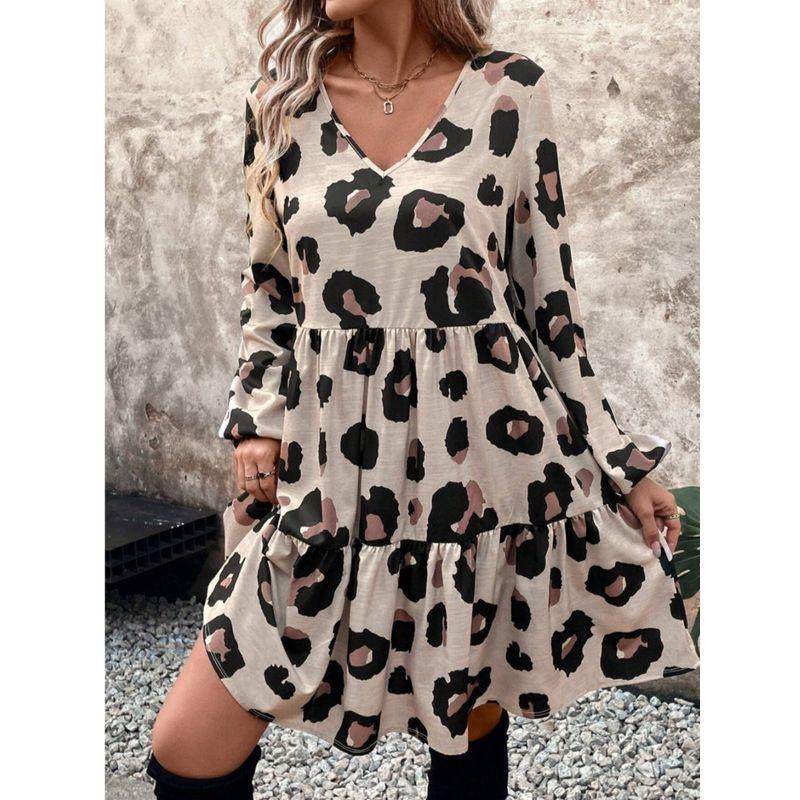 Spring & Fall New Arrival Fashion Wind Cross-Border Fashion V-neck Leopard Print Print Loose Lotus Leaf Long Sleeves Dress Female Dress