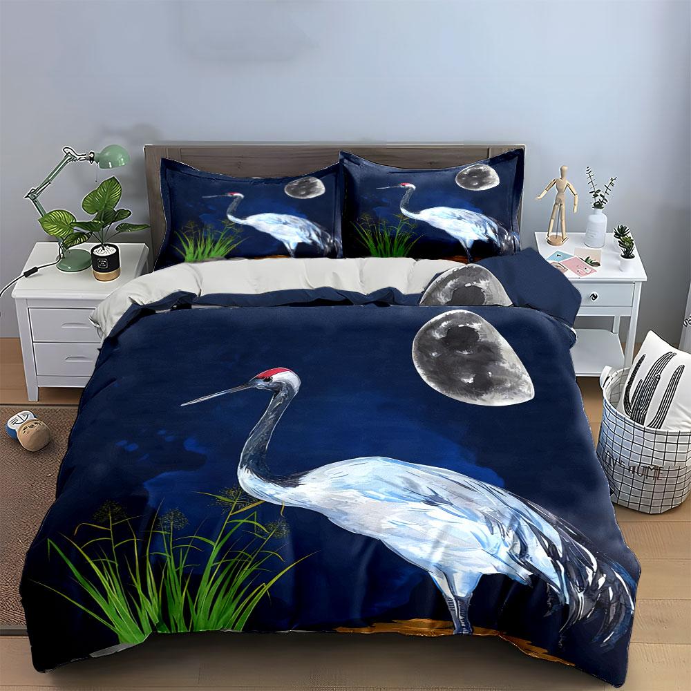 3Pcs Japanese Red-Crowned Crane Bedding Set, Watercolor Crane Under Moon Print Duvet Cover + 2 Pillowcases,Exquisite Gifts