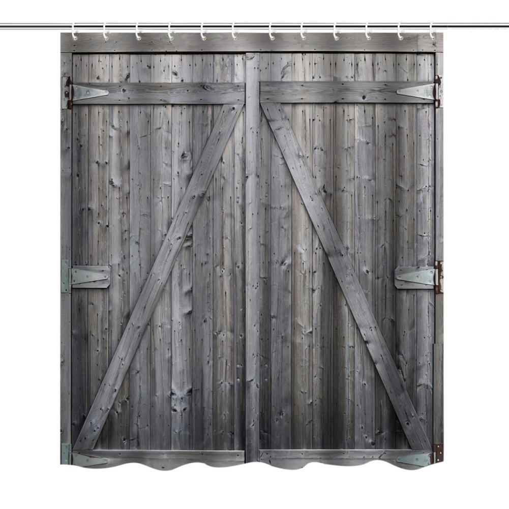183*183cm Farmhouse Wooden Barn Door Style Shower Curtain Bathroom Curtain with Hooks