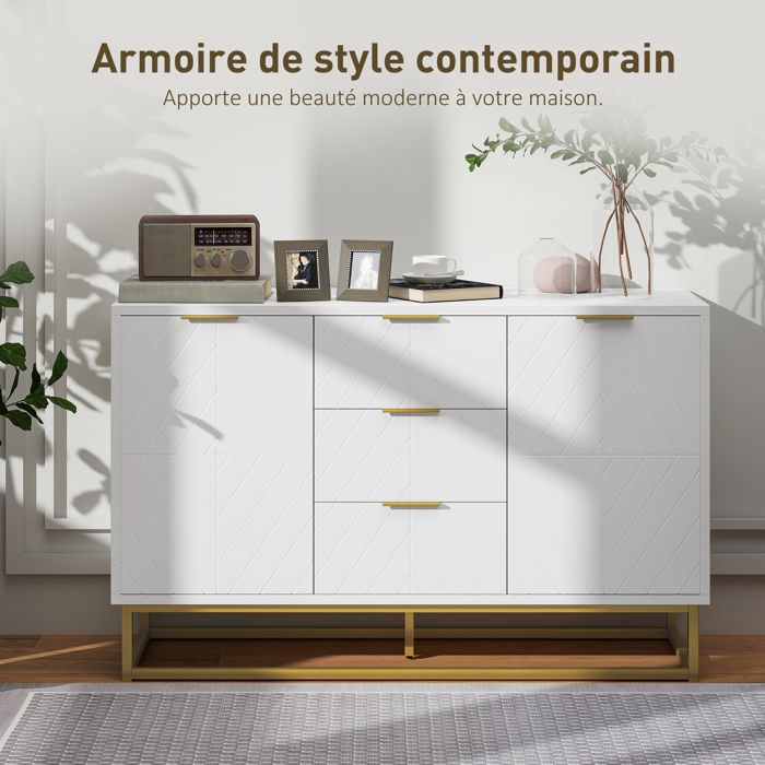 Sideboard - Kitchen Storage Unit - HOMCOM - Contemporary Graphic Design 2 Cupboards 3 Drawers - Wood - 120x40x76cm - Golden White