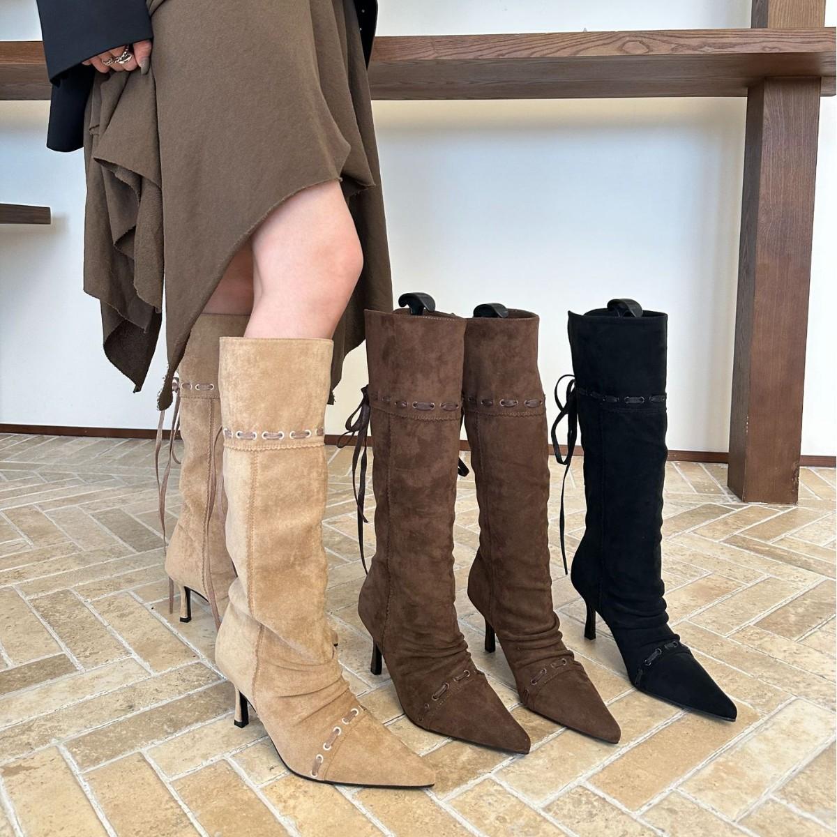 

2025 autumn and winter new fashion versatile pointed pleated piled boots women s two wear Spice Girls western cowboy boots 39 коричневый