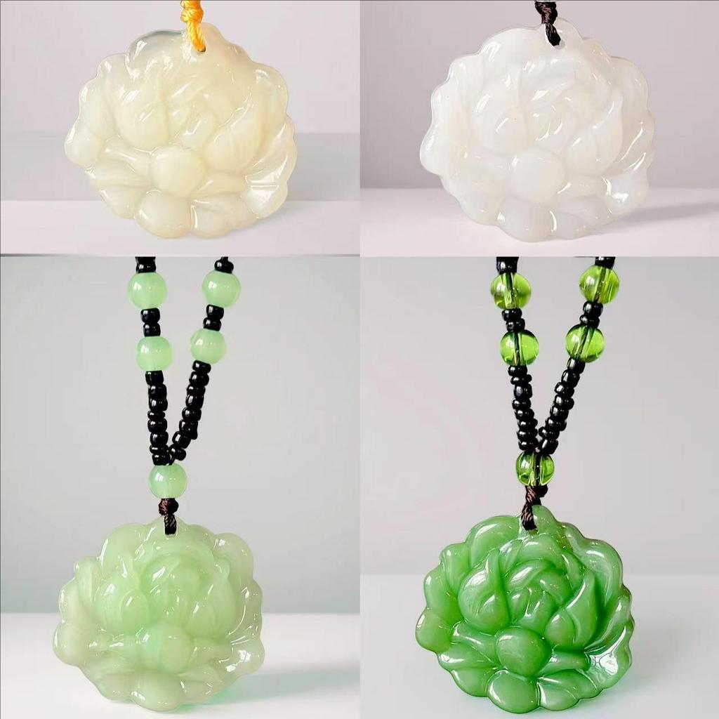 Imitation Hetian Jade Lotus Anhänger Halskette für Damen - Weißer Jadeblumen-Aufblühender Wohlstand Design