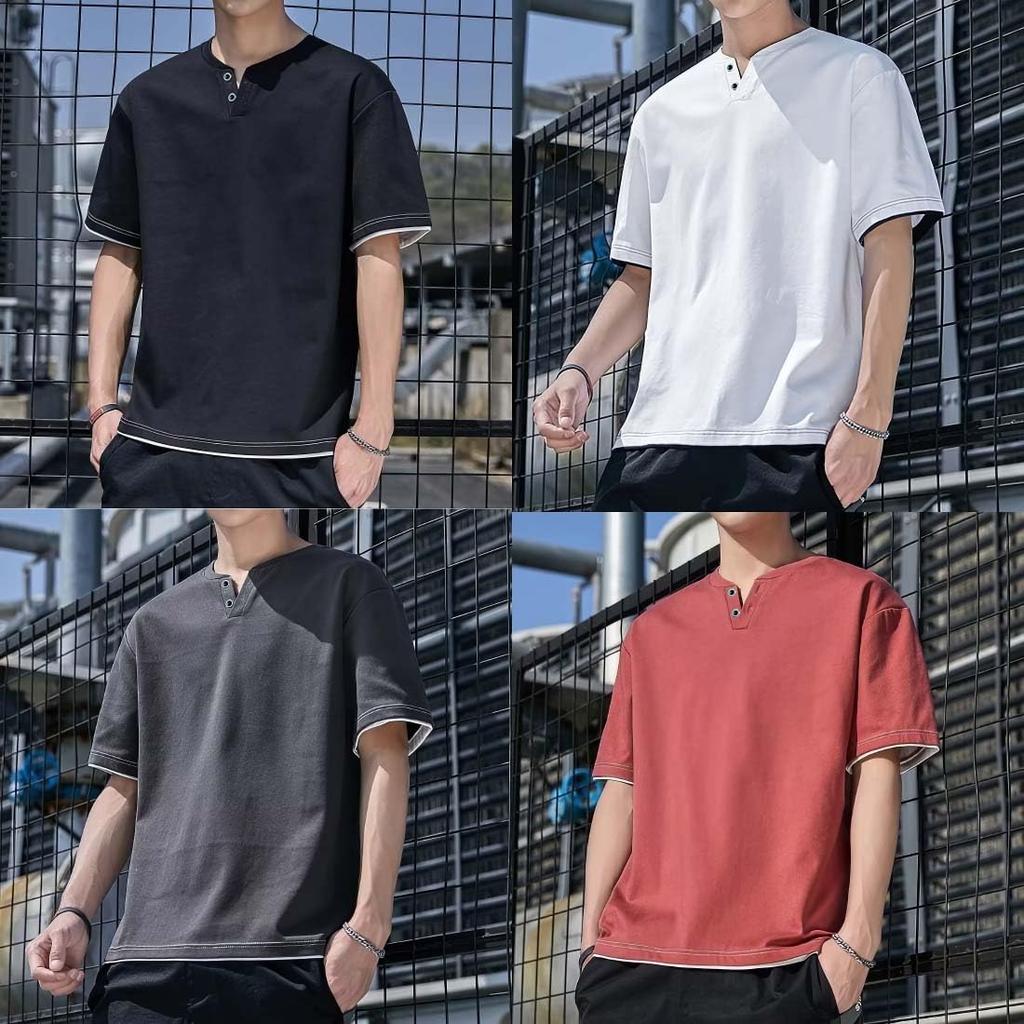 Yezai Short Sleeve Layered Summer Loose Solid Cool Summer Plus Sizes Men's T-Shirt, Breathable, Quick-Drying, V-Neck, Casual, Fit, Color, Stylish,